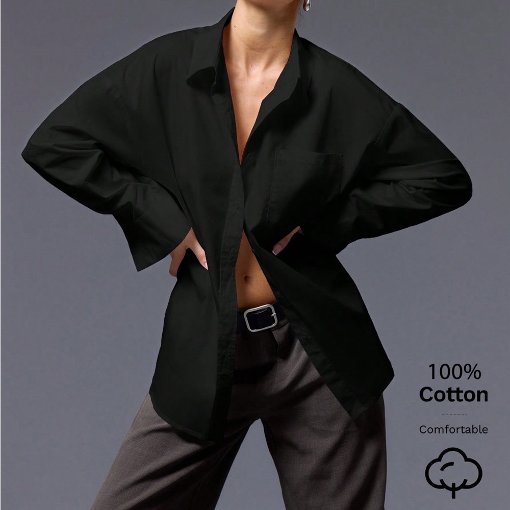 100% cotton • oversized button up shirt front pocket minimalist white black
